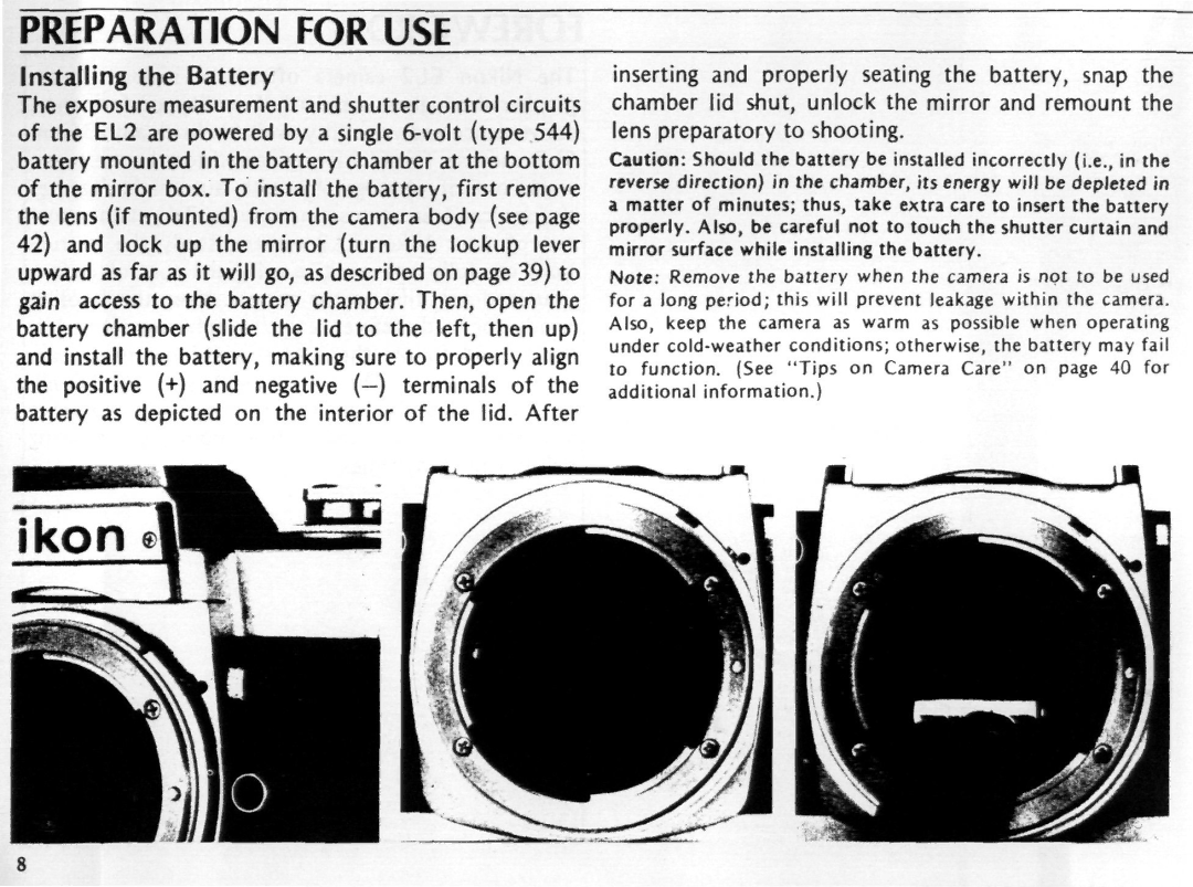 Nikon EL2 instruction manual Preparation for USE, Installing the Battery 