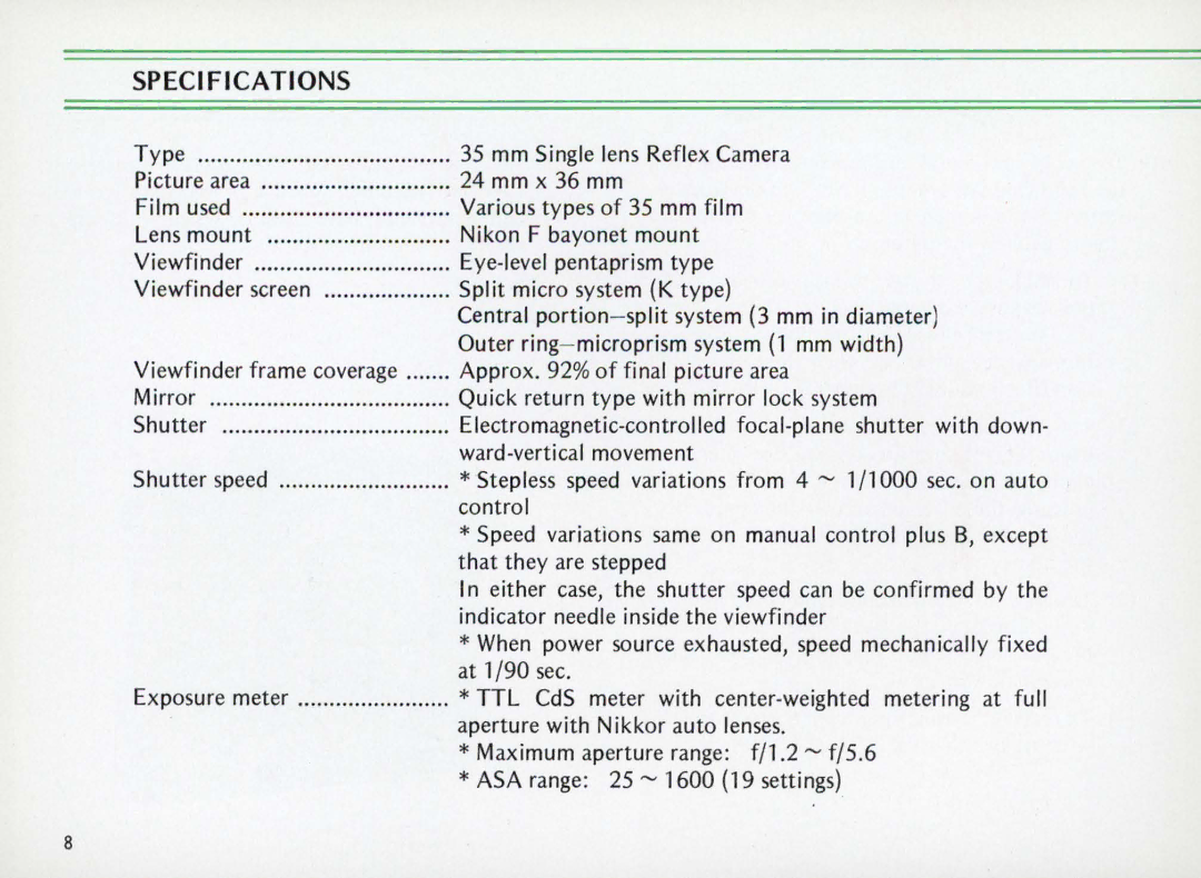 Nikon Elw instruction manual Specifications 