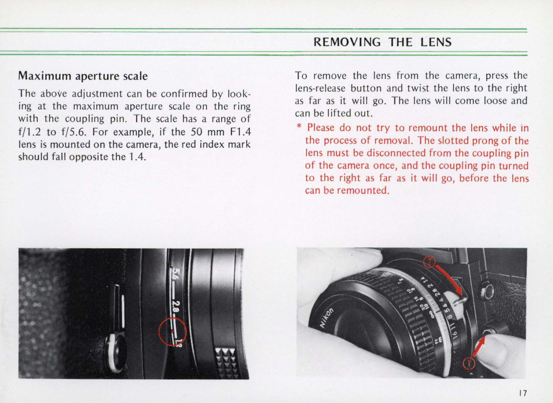 Nikon Elw instruction manual Maximum aperture scale, Removing the Lens 