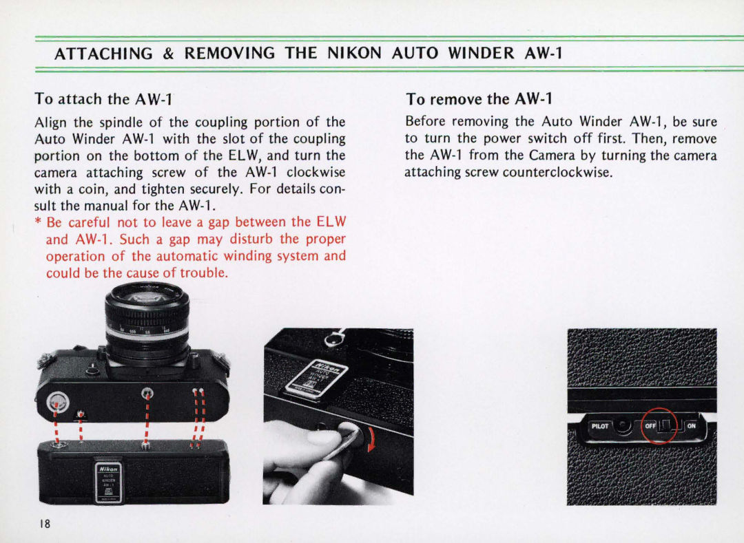 Nikon Elw instruction manual To attach the AW-1 To remove the AW-1, Attaching & Removing the Nikon Auto Winder AW-1 