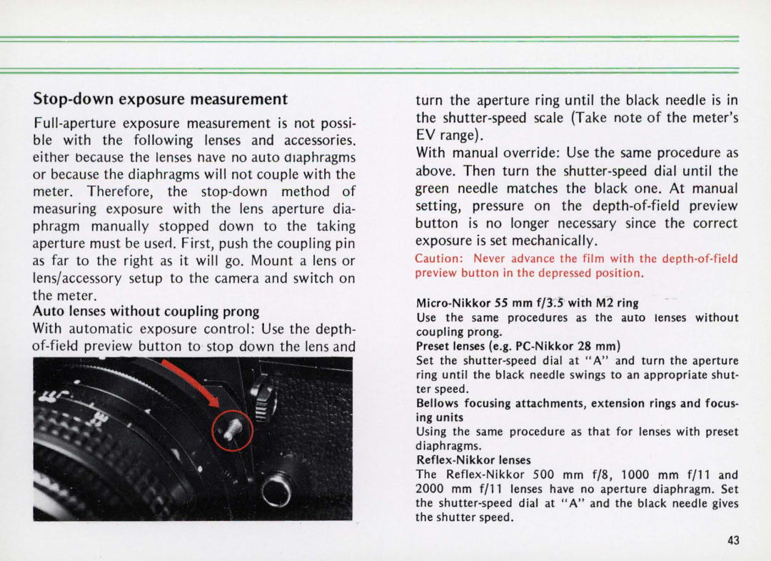 Nikon Elw instruction manual Stop-down exposure measurement 