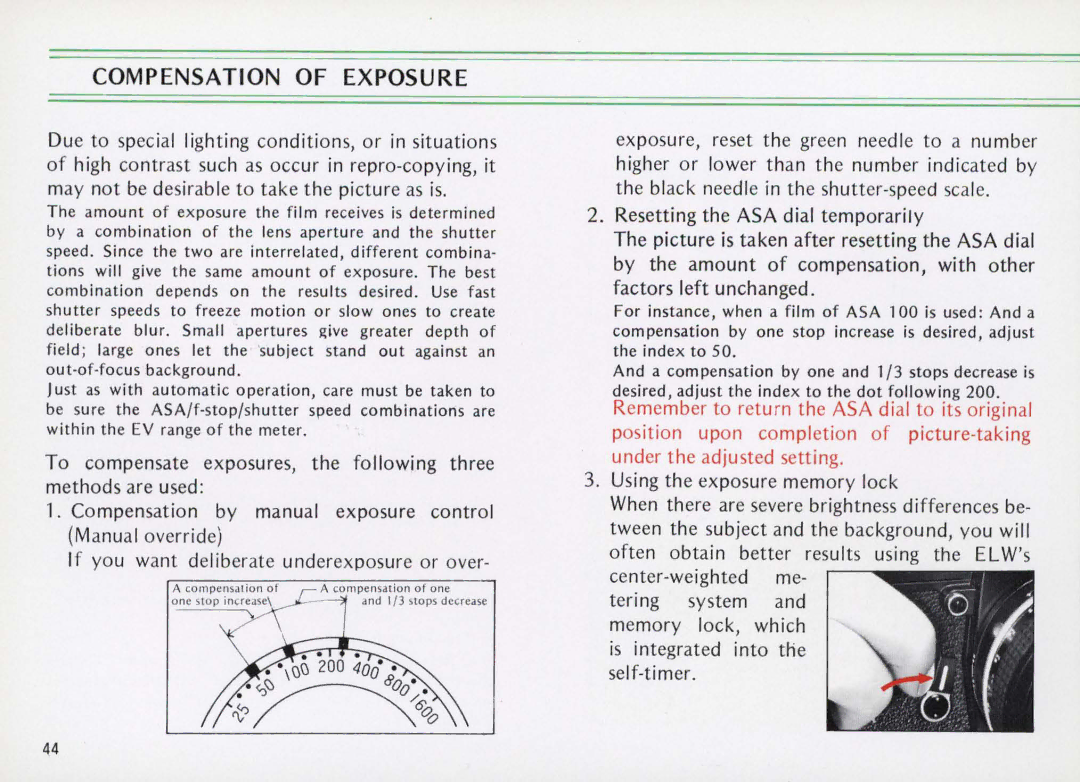 Nikon Elw instruction manual Compensation of Exposure 