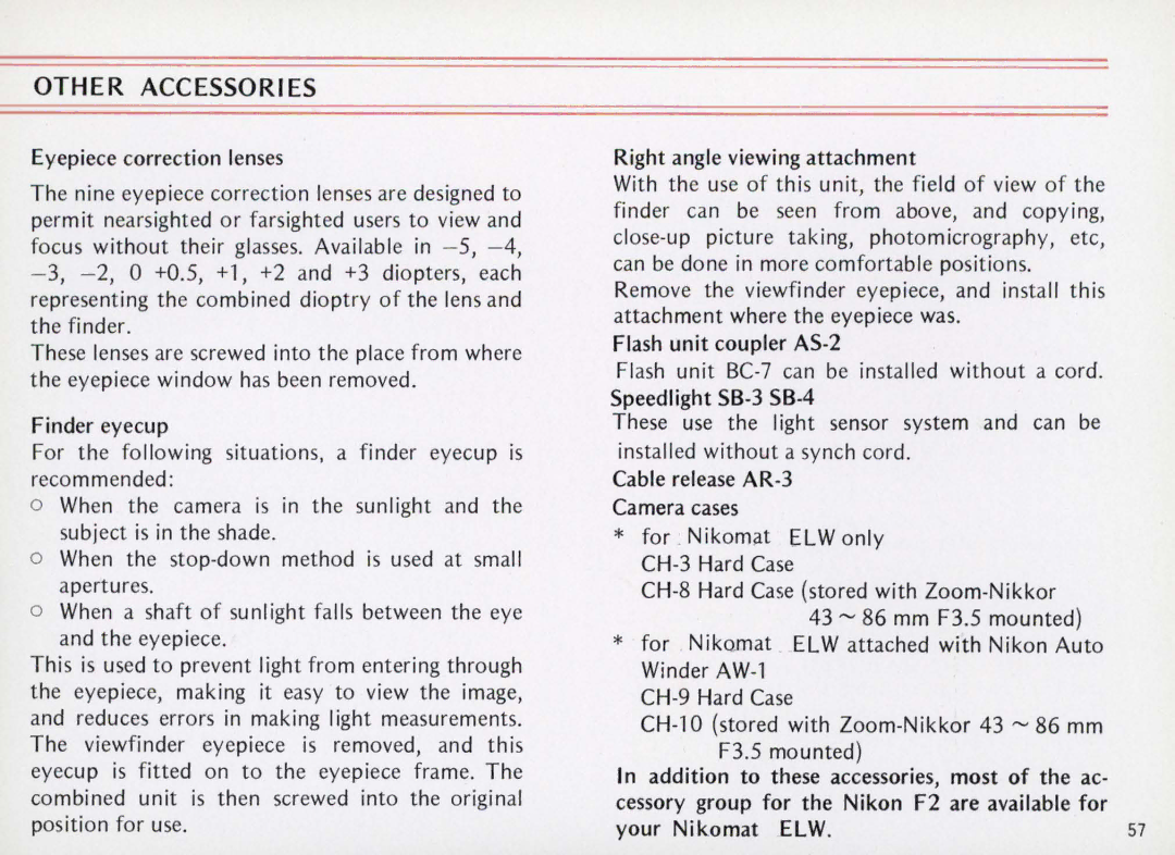 Nikon Elw instruction manual Other Accessories 