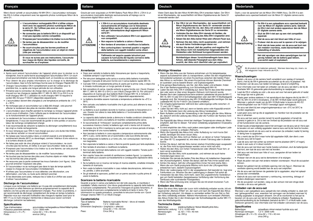 Nikon EN-4 Achtung, Waarschuwing, Avertissements, Décharge de l’accumulateur, Spécifications, Avvertenze, Caratteristiche 