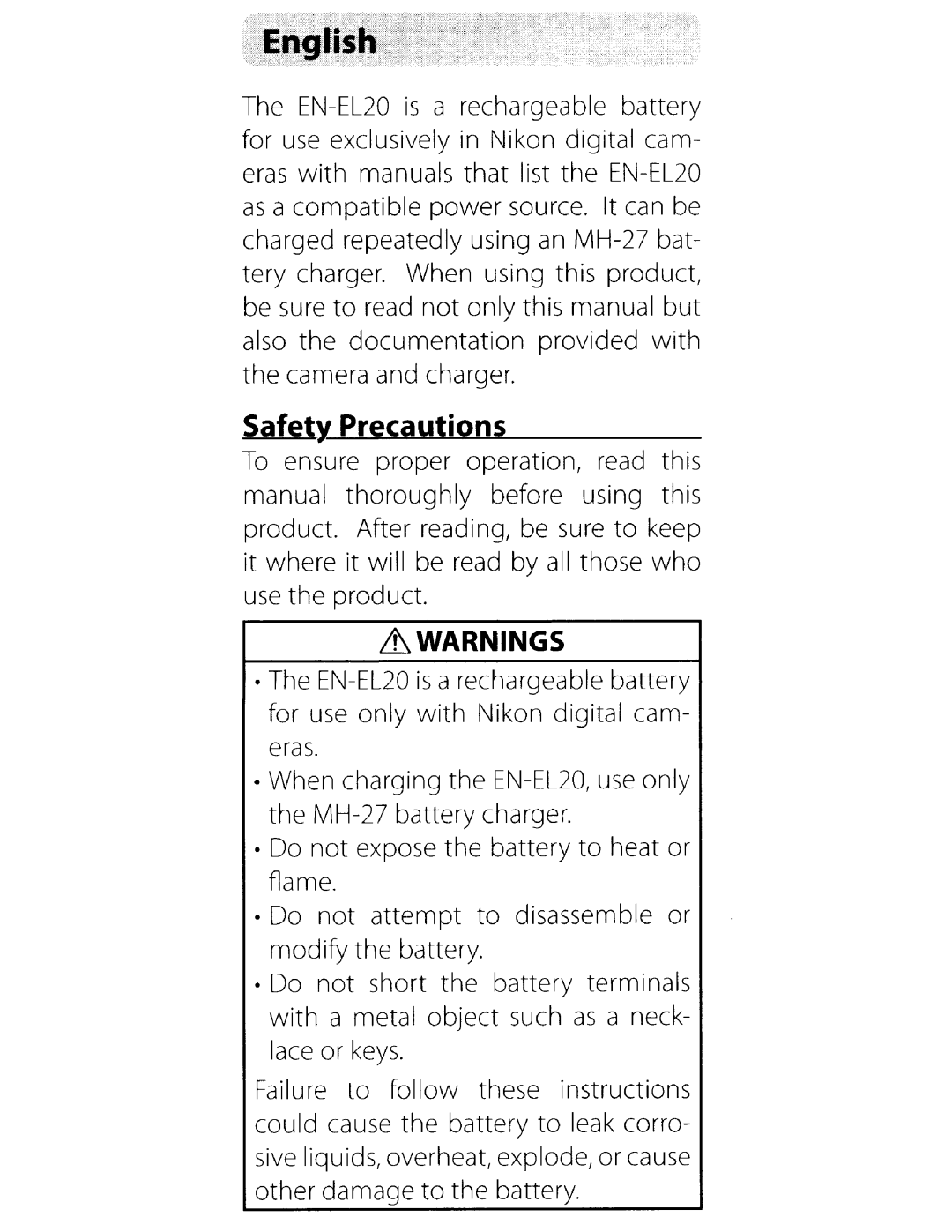 Nikon EN-EL20 user manual Safety Precautions 