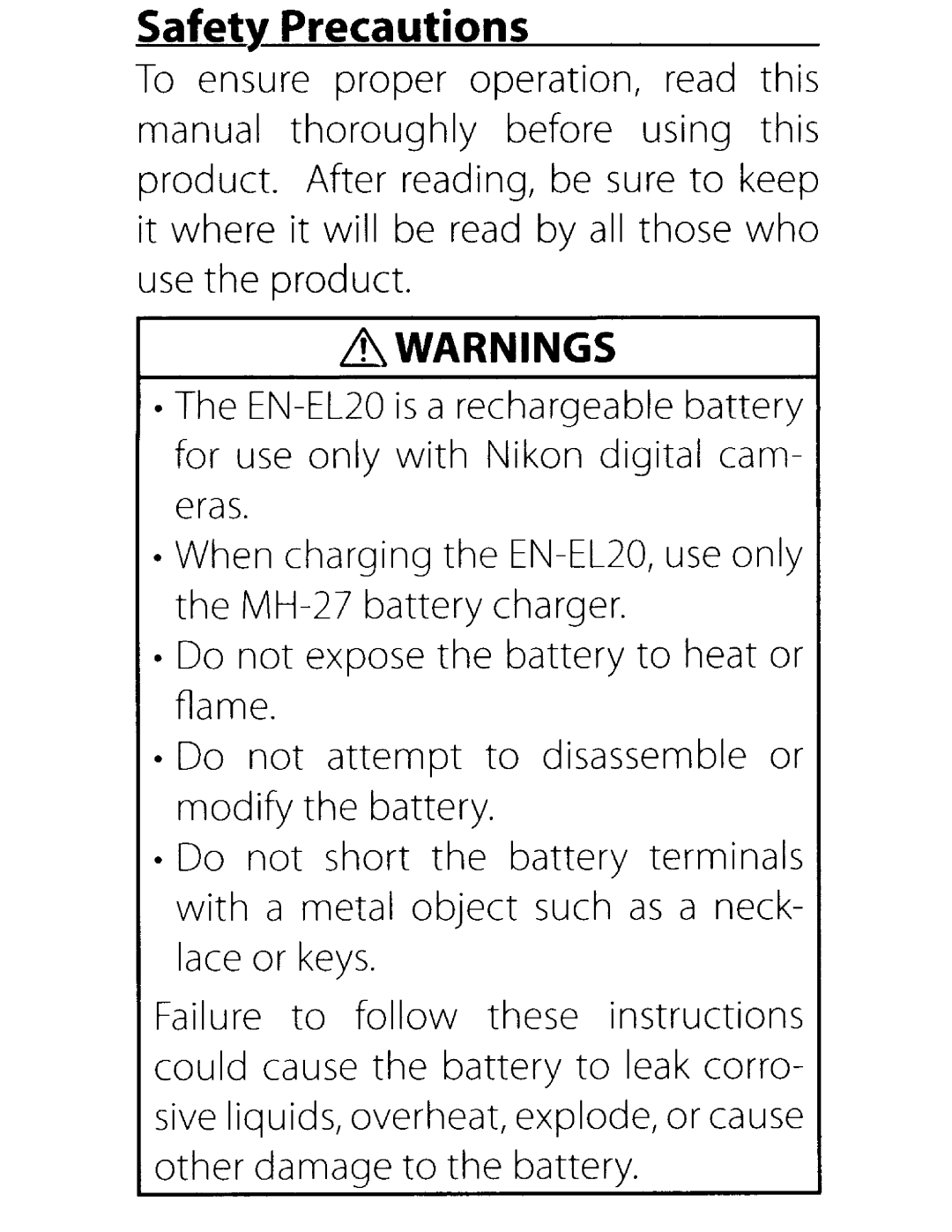 Nikon EN-EL20 user manual Safety Precautions 