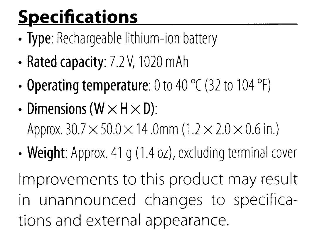 Nikon EN-EL20 user manual SP-ecifications 