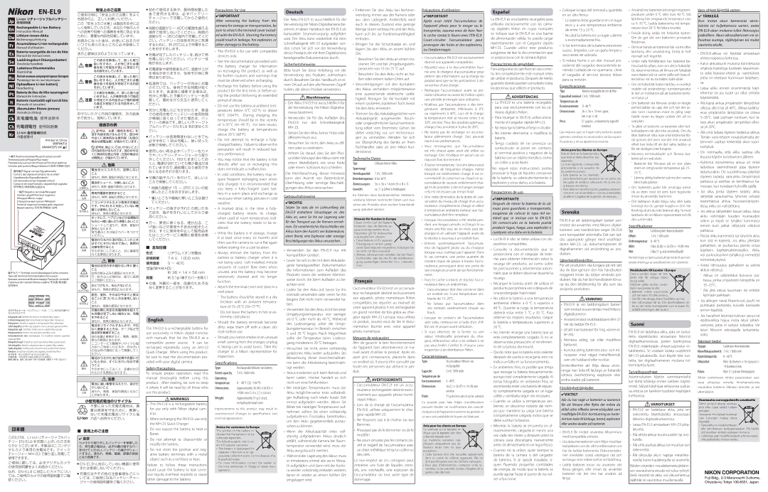 Nikon EN-EL9 manuel dutilisation English, Deutsch, Français, Español, Svenska, Suomi 