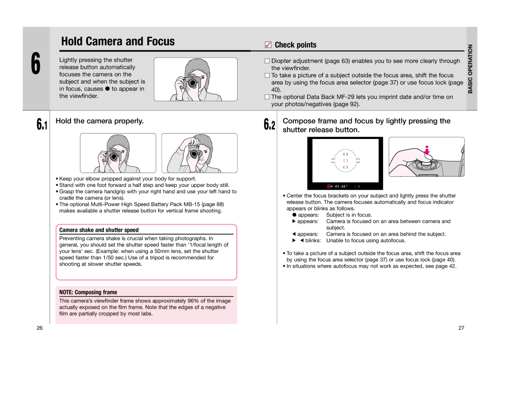 Nikon F 100 instruction manual Hold Camera and Focus, Hold the camera properly, Camera shake and shutter speed 