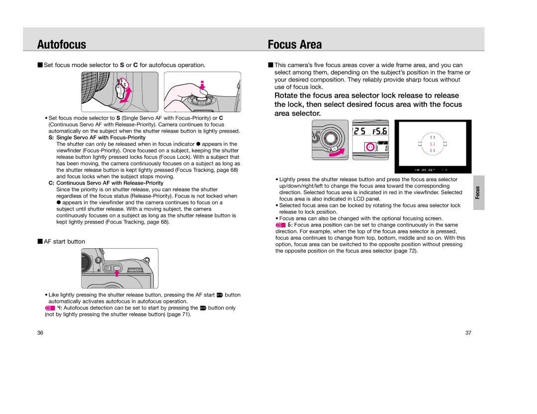 Nikon F 100 Autofocus, Focus Area, Set focus mode selector to S or C for autofocus operation, AF start button 