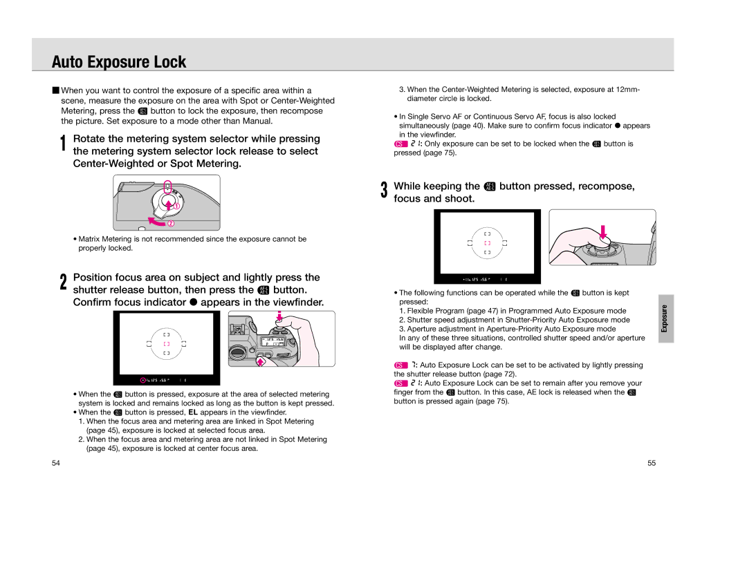 Nikon F 100 instruction manual Auto Exposure Lock, Flexible Program page 47 in Programmed Auto Exposure mode 