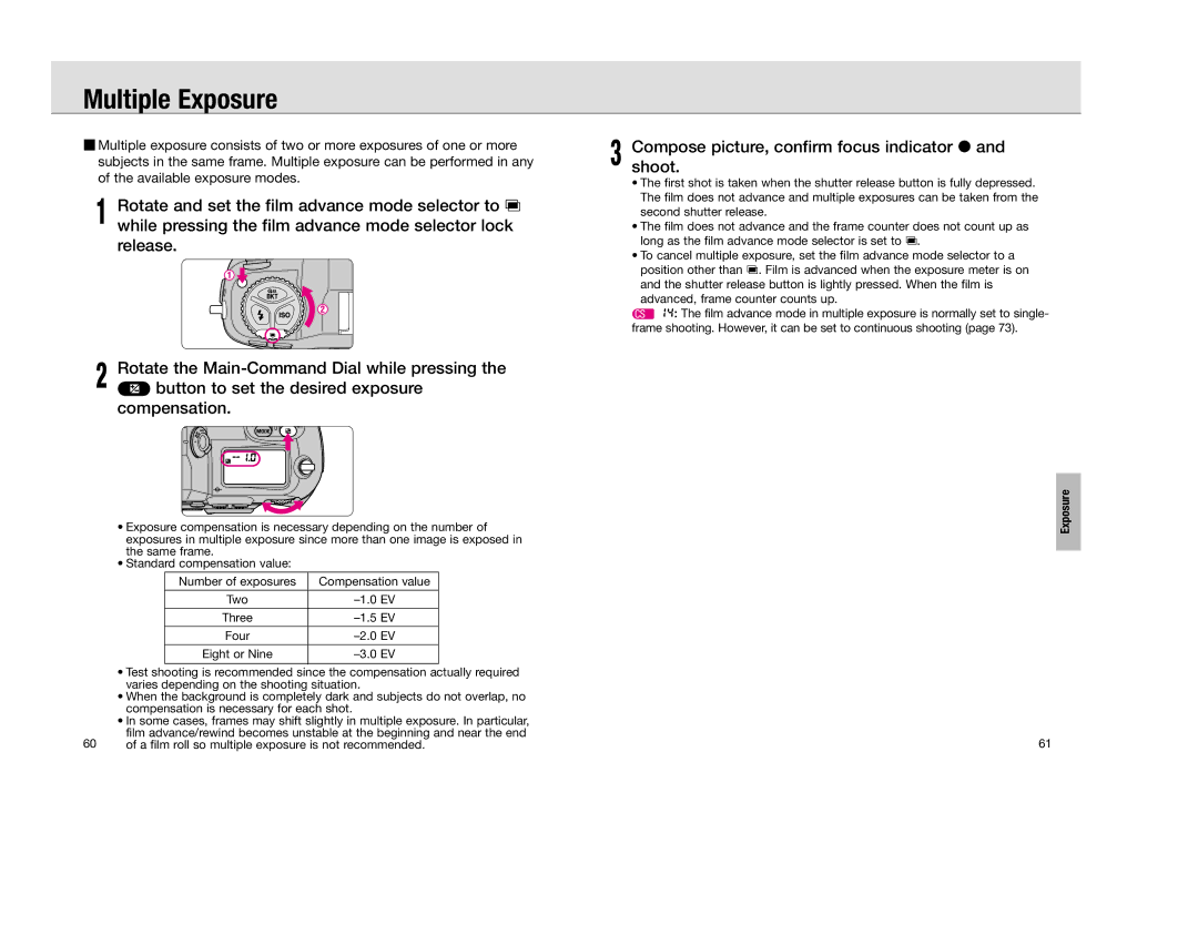 Nikon F 100 instruction manual Multiple Exposure, Composeshoot. picture, confirm focus indicator 