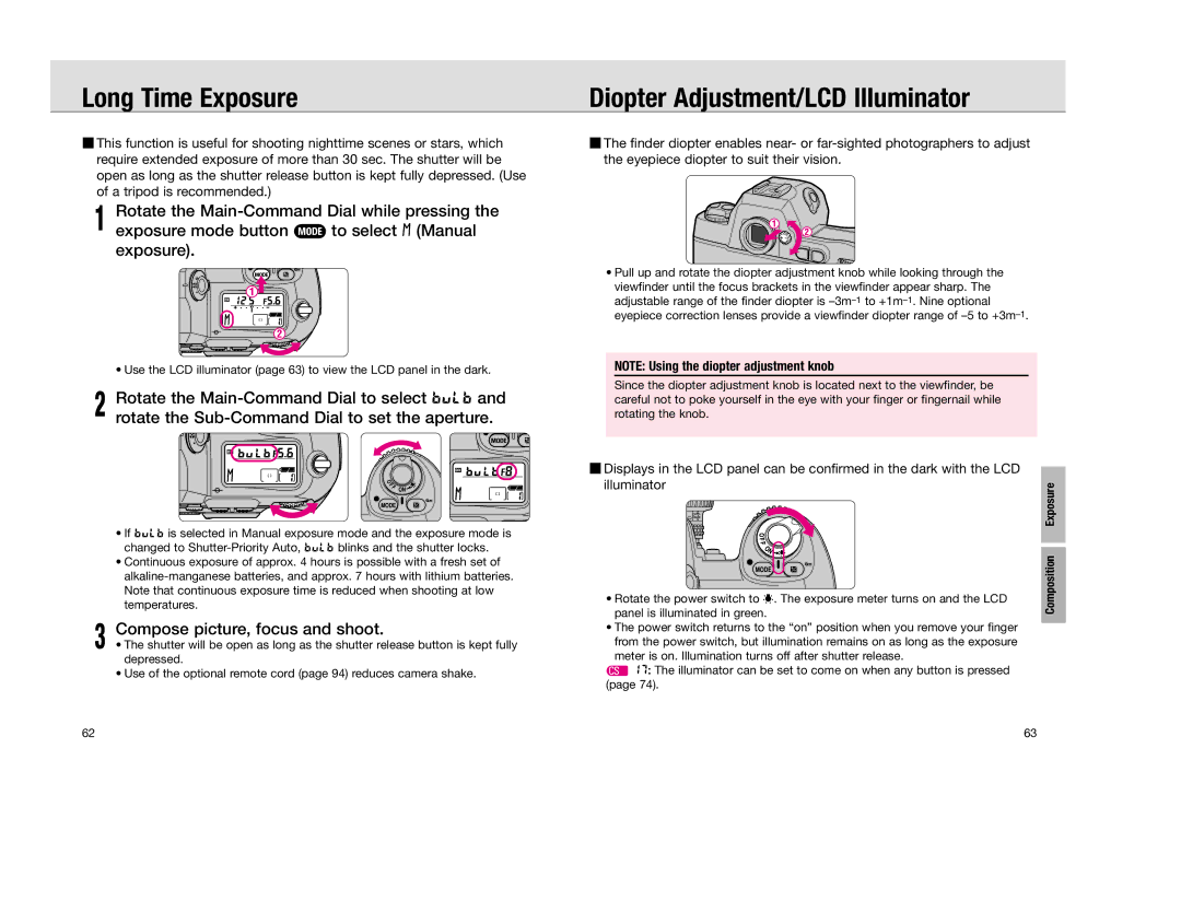 Nikon F 100 instruction manual Long Time Exposure, Diopter Adjustment/LCD Illuminator 