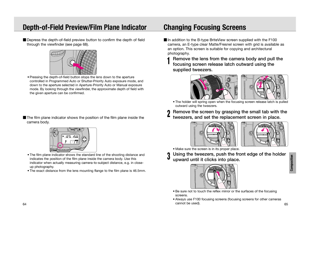 Nikon F 100 instruction manual Changing Focusing Screens, Using the tweezers, push the front edge of the holder 