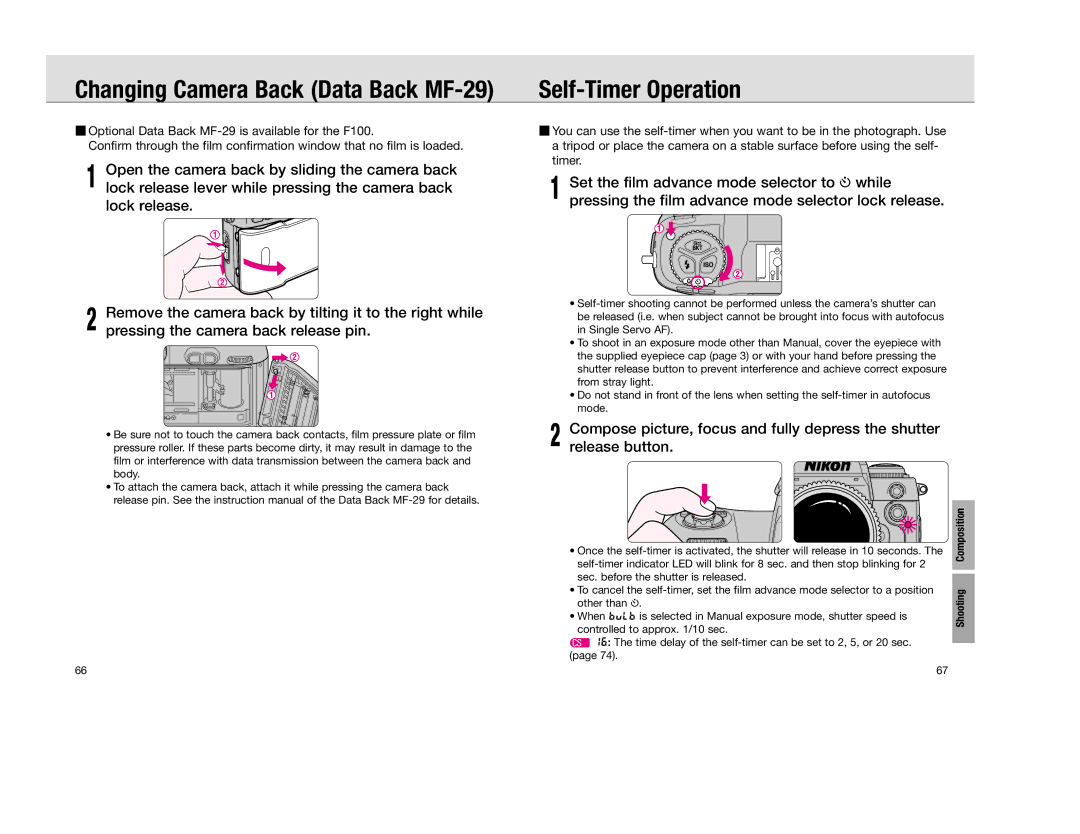 Nikon F 100 instruction manual Self-Timer Operation, Composition, Other than 