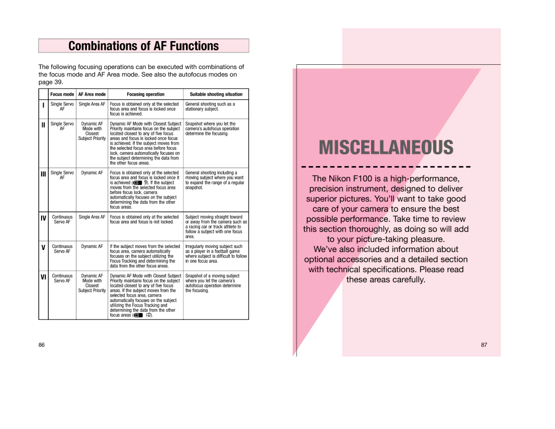 Nikon F 100 instruction manual Combinations of AF Functions, Focusing operation 