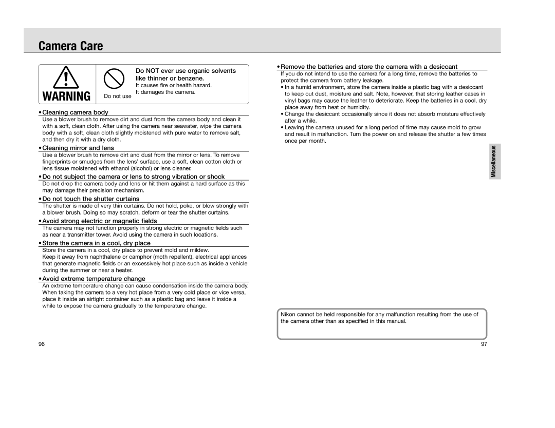 Nikon F 100 instruction manual Camera Care 