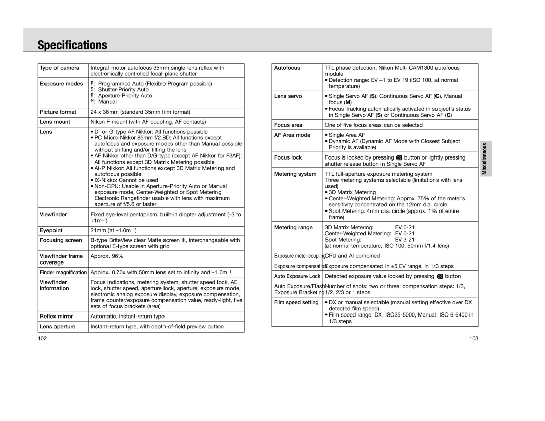 Nikon F 100 instruction manual Specifications 