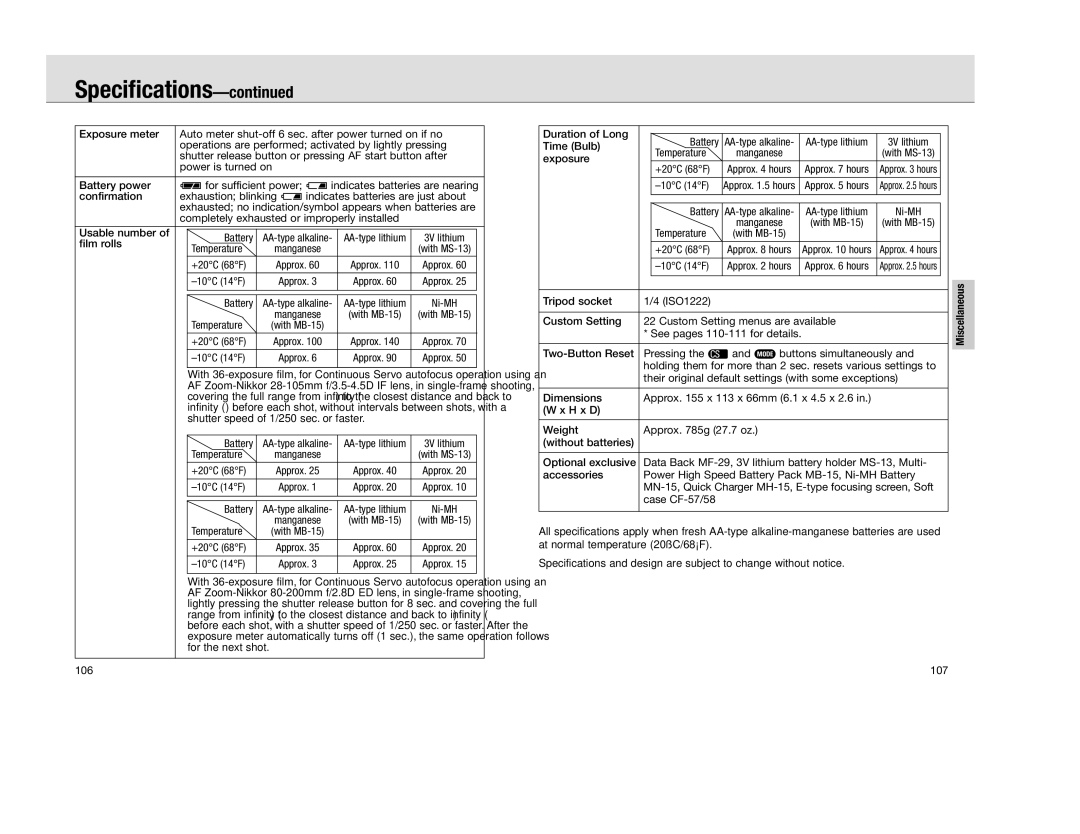 Nikon F 100 instruction manual AA-type lithium, Time Bulb, Exposure +20C 68F, 3V lithium, 10C 14F, Battery, 107 