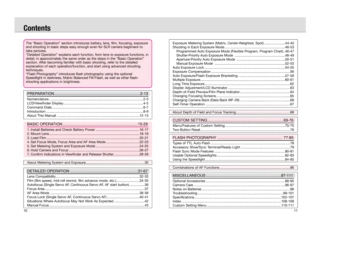 Nikon F 100 instruction manual Contents 