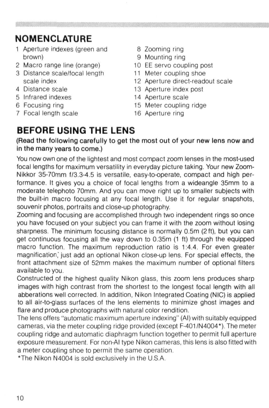 Nikon instruction manual Nomenclature, Before Using the Lens 