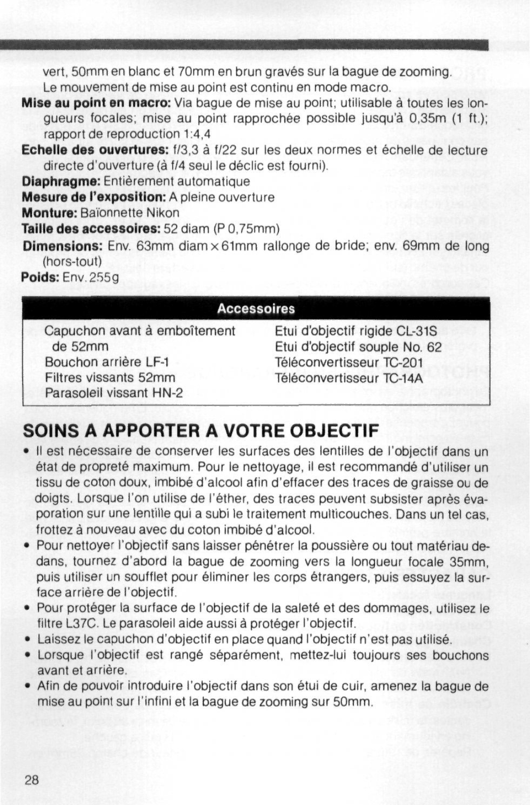 Nikon instruction manual Soins a Apporter a Voire Objectif, Mesure de Iexposition a pleine ouverture 