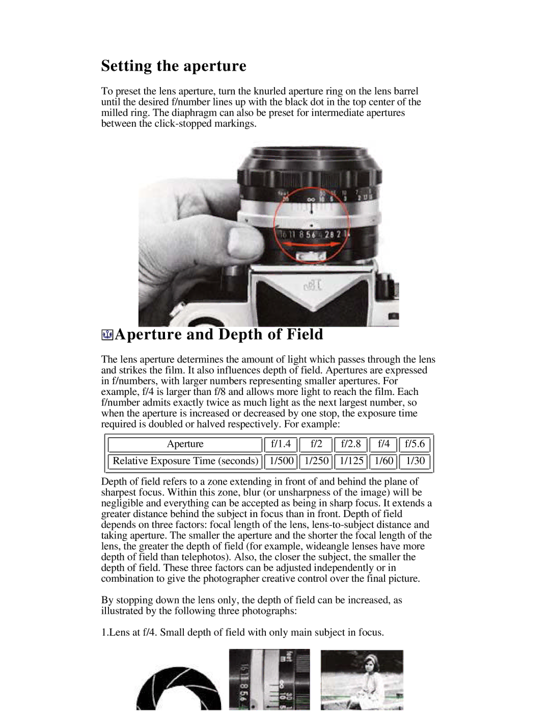 Nikon instruction manual Setting the aperture, Aperture and Depth of Field 