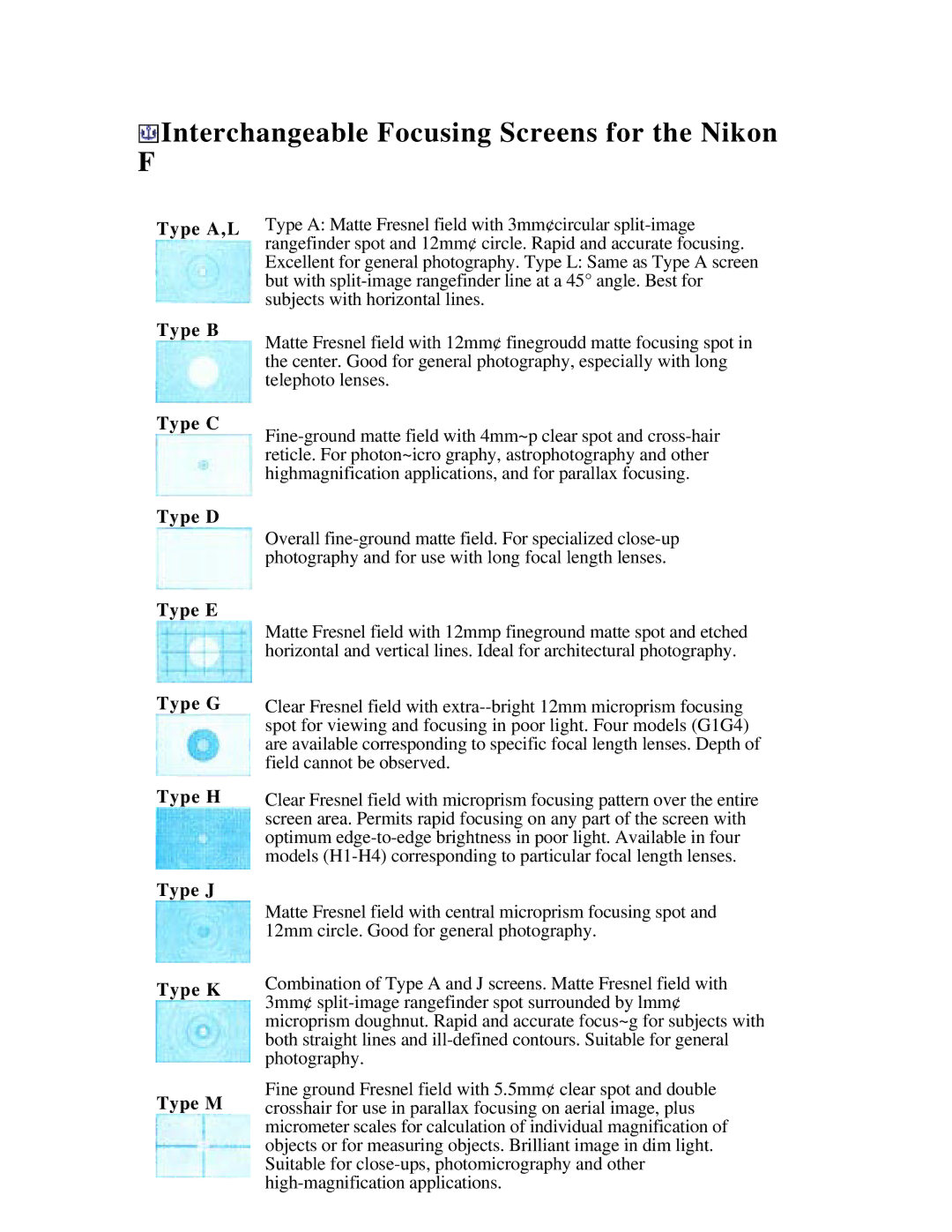 Nikon instruction manual Interchangeable Focusing Screens for the Nikon, Type A,L Type B 