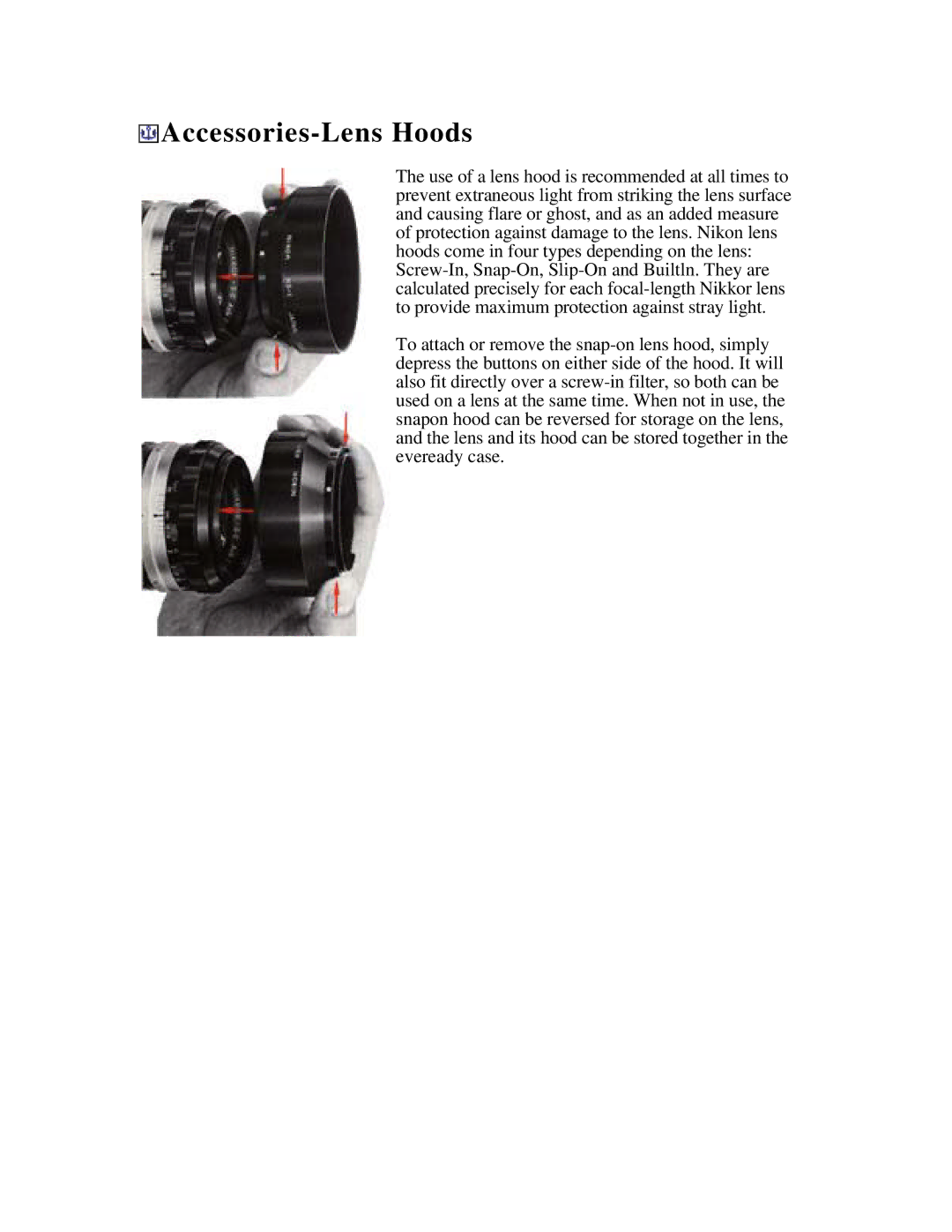 Nikon f instruction manual Accessories-Lens Hoods 