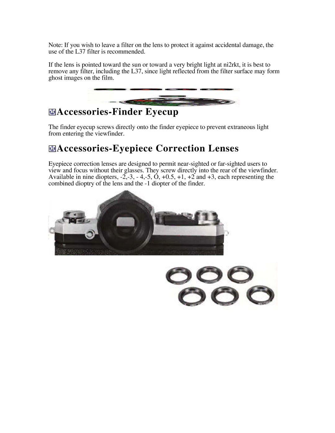 Nikon f instruction manual Accessories-Finder Eyecup, Accessories-Eyepiece Correction Lenses 