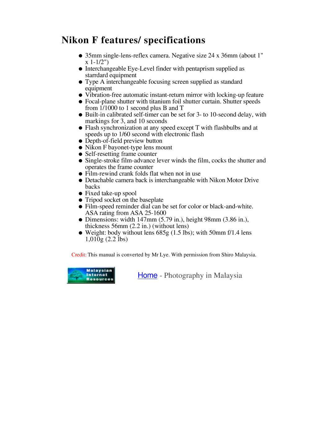 Nikon instruction manual Nikon F features/ specifications 