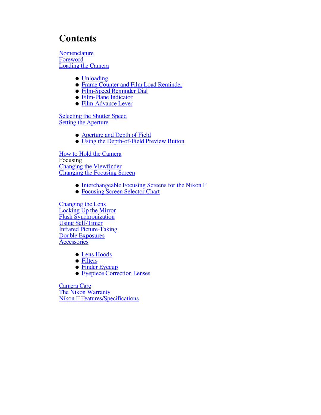 Nikon f instruction manual Contents 