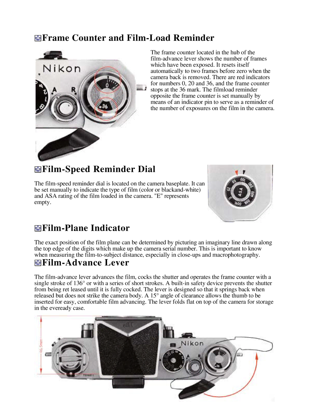 Nikon f Frame Counter and Film-Load Reminder, Film-Speed Reminder Dial, Film-Plane Indicator, Film-Advance Lever 