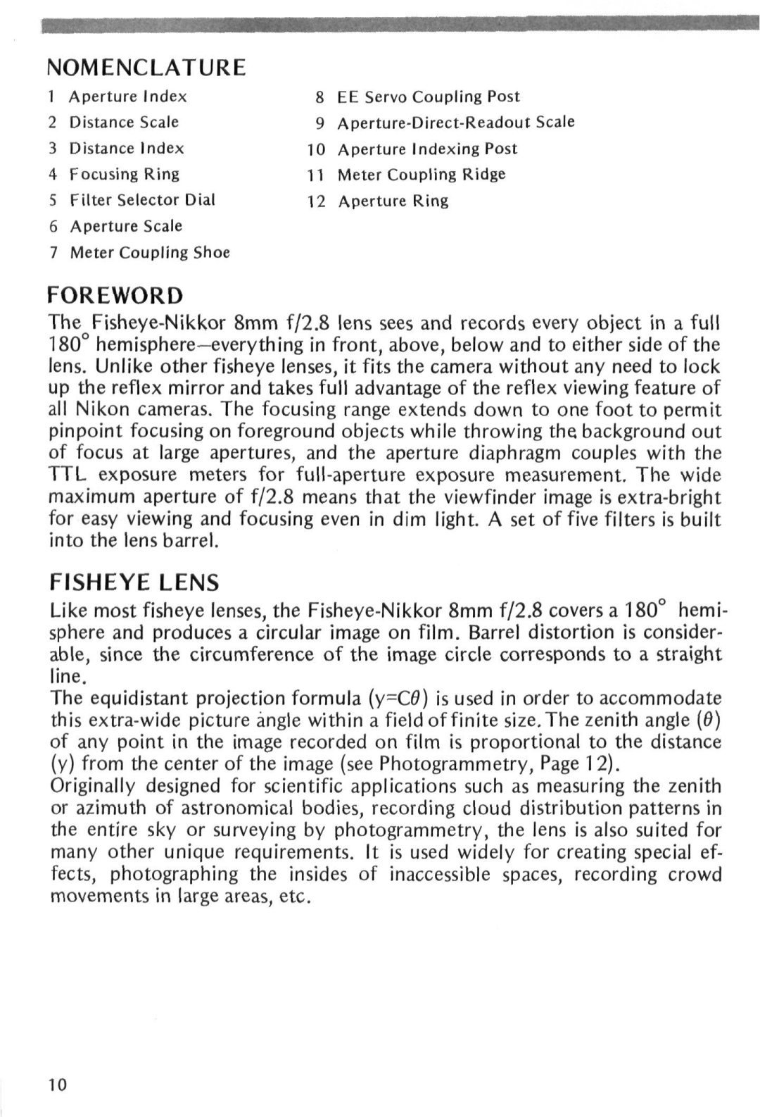 Nikon f instruction manual M E N C L a T U RE, Foreword, Fisheye Lens 