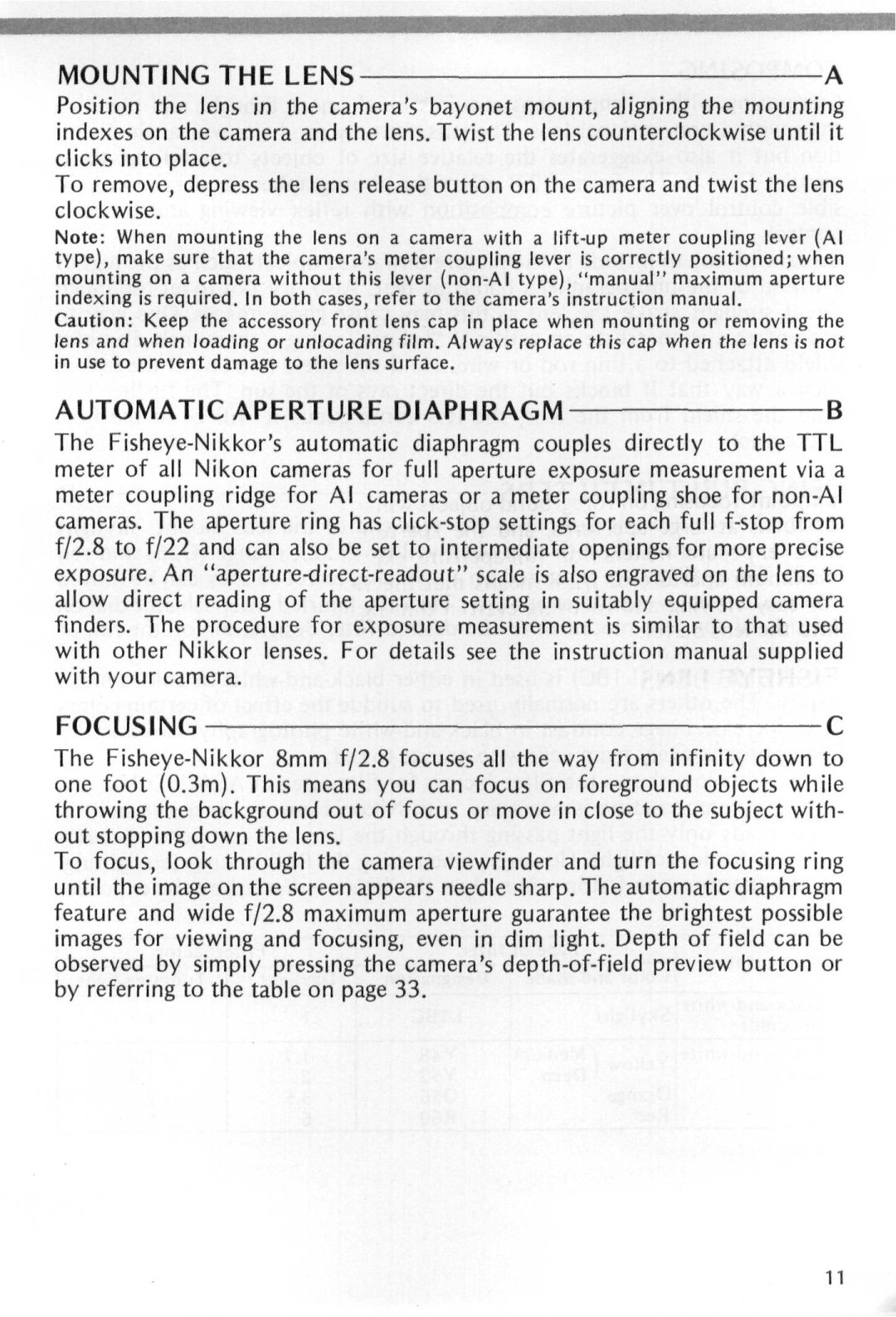 Nikon f instruction manual U N T I NG the Lens, Automatic Aperture Diaphragm Focusingc 