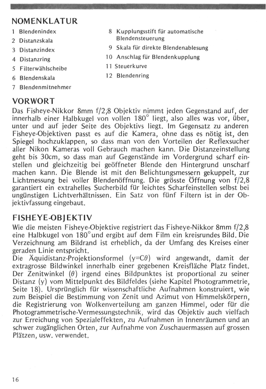 Nikon f instruction manual Nomenklatur, Vorwort, Fisheye-Objektiv 