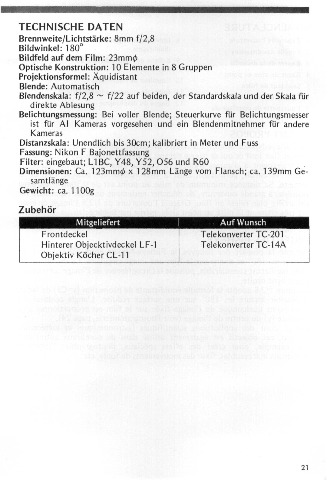 Nikon instruction manual Technische Daten, Projektionsformel Aquidistant, Zubehor 