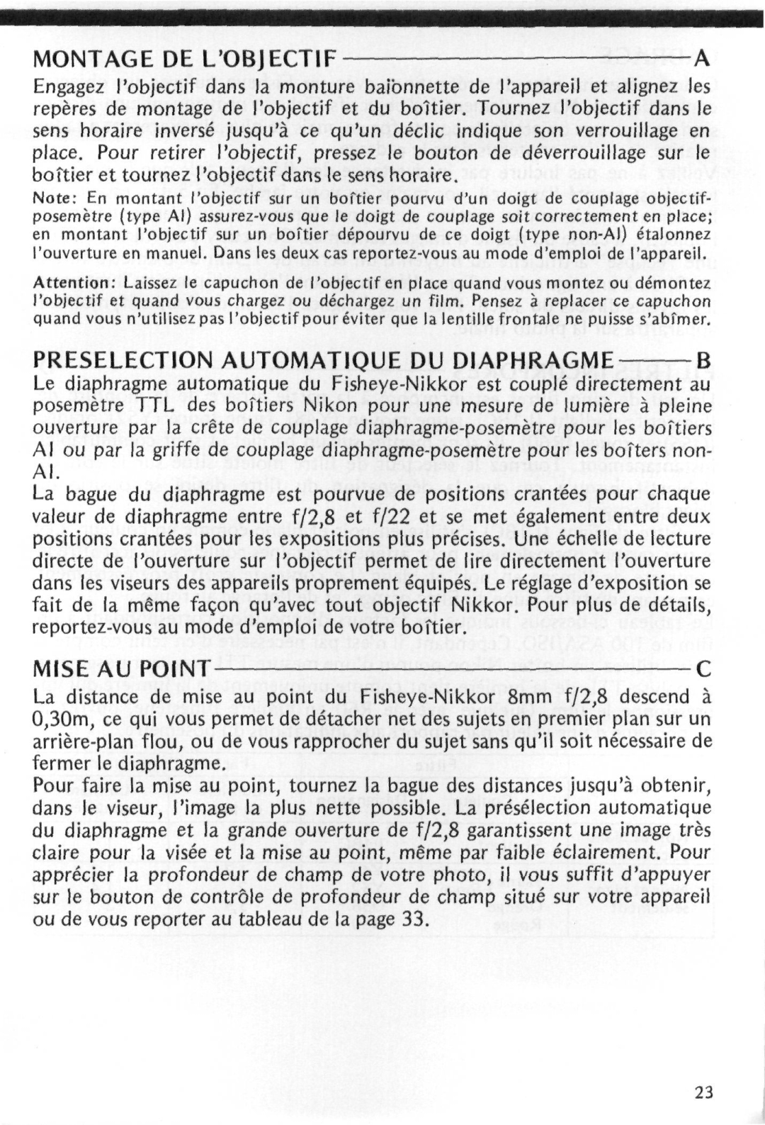 Nikon instruction manual N T a GE DE Lobjectif, Mise a U Point 