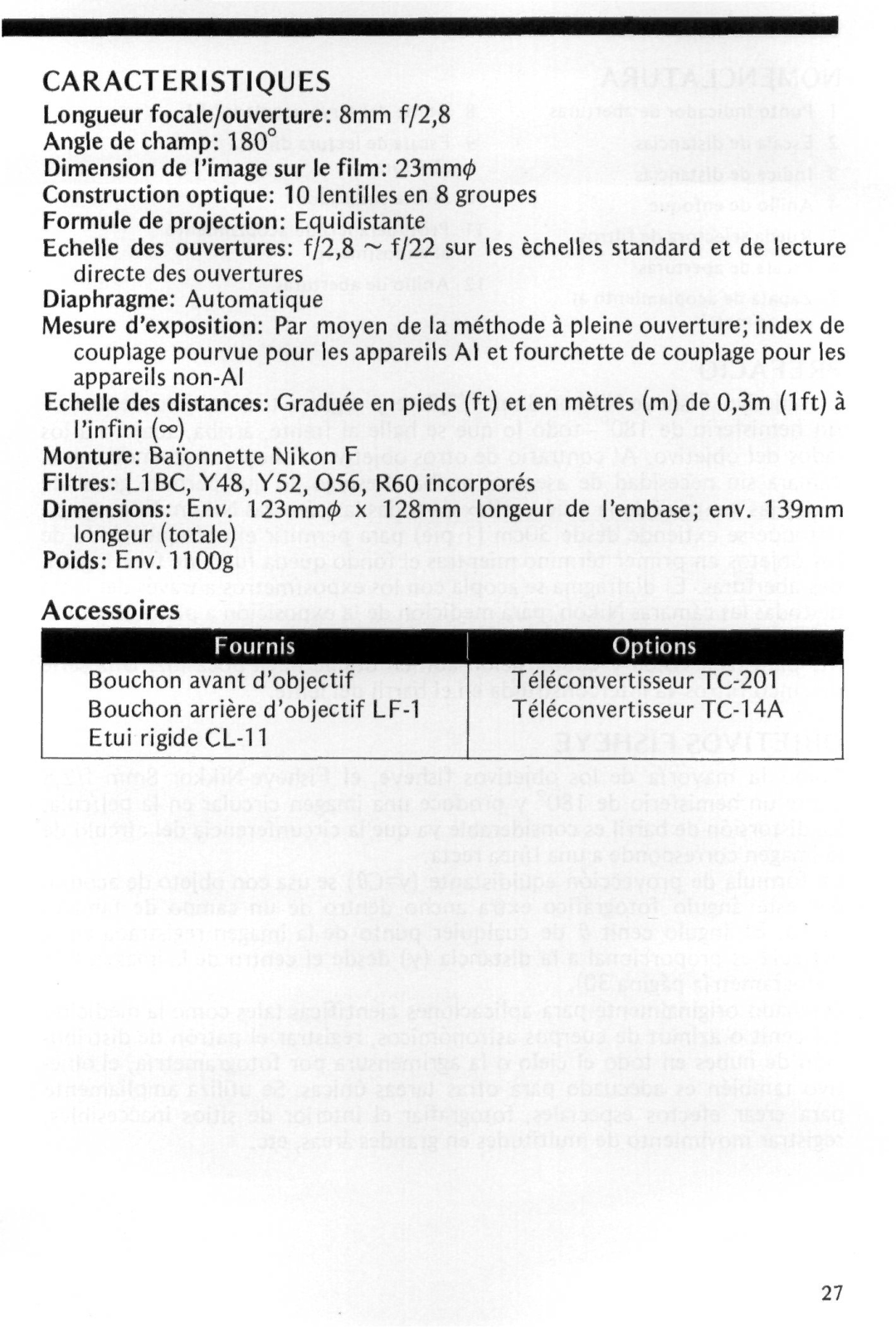 Nikon f instruction manual Caracteristiques, Diaphragme Automatique, Accessoires 