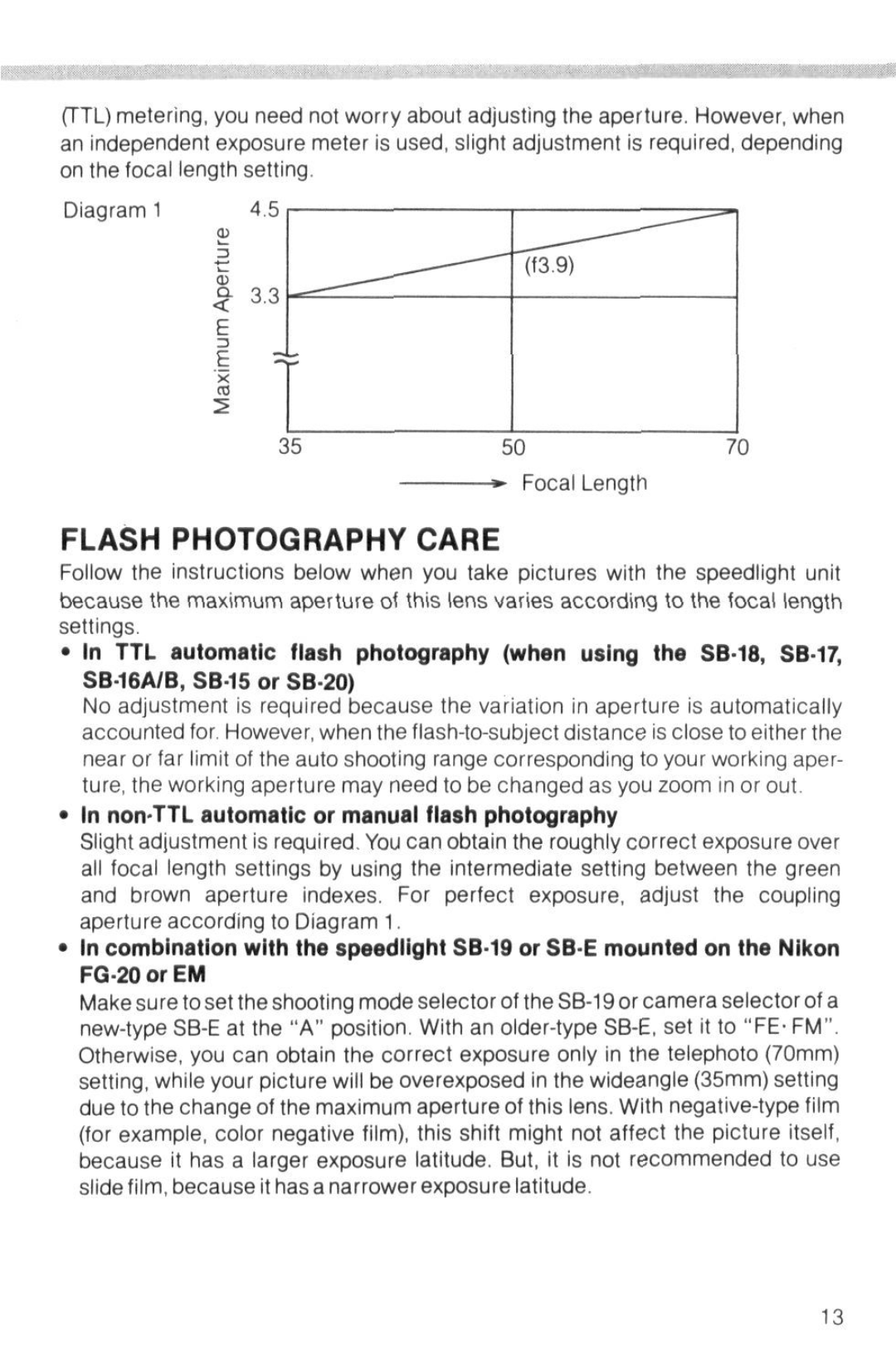 Nikon instruction manual Flash Photography Care, In non-TTL automatic or manual flash photography 