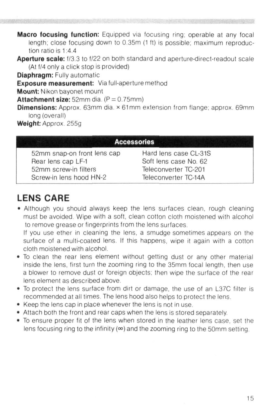 Nikon f instruction manual Lens Care, Accessories 