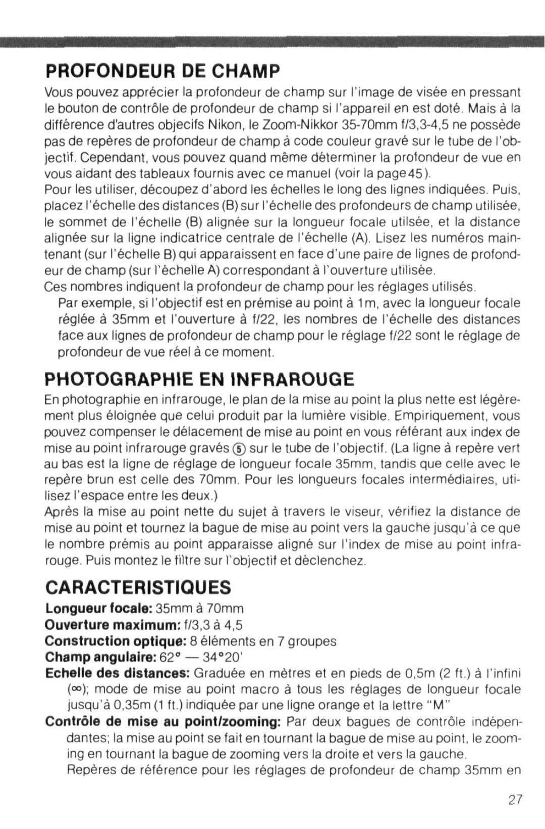 Nikon instruction manual Profondeur De Champ, Caracteristiques, Photographie En Infrarouge, Longueur focale 35mm a 70mm 