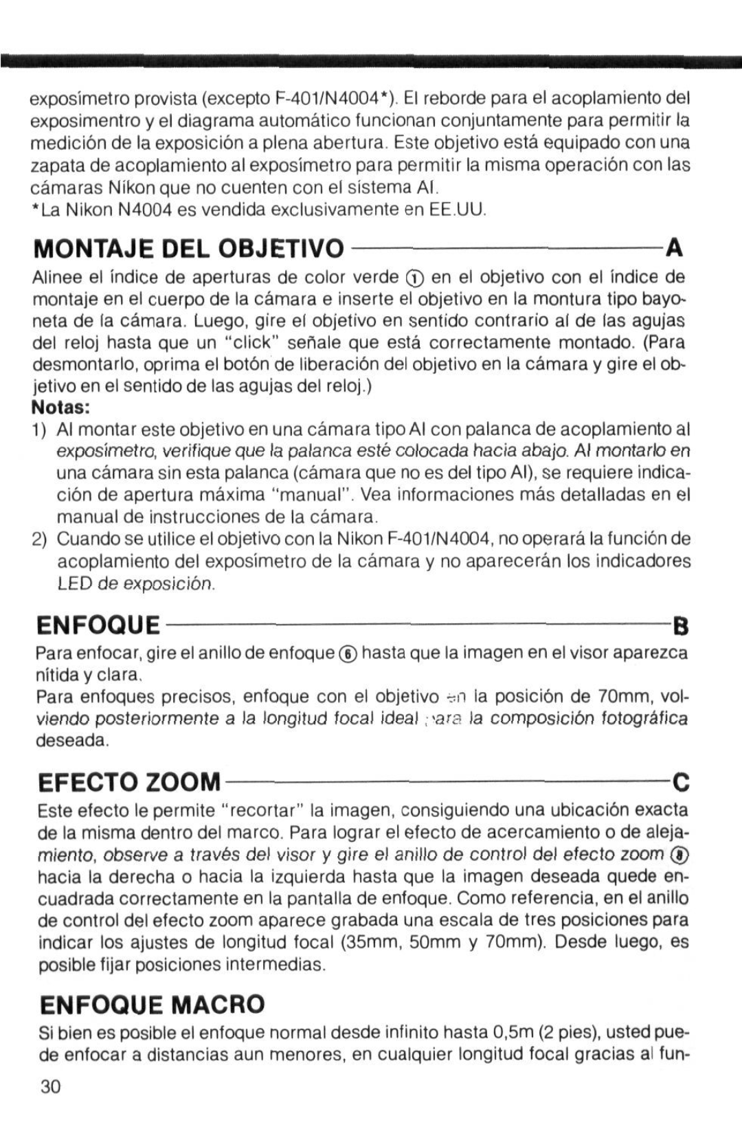Nikon instruction manual Montaje Del Objetivo, Enfoqueb, Efecto Zoom, Enfoque Macro, Notas 