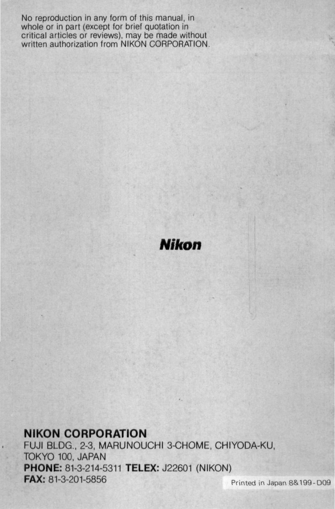 Nikon f instruction manual Nikon Corporation, Printed in Japan 8&199-O09 