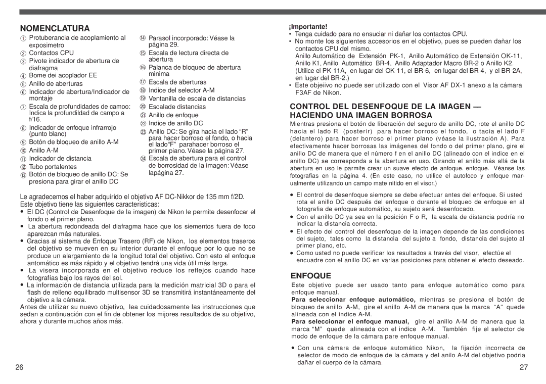 Nikon f/2 D instruction manual Nomenclatura, Enfoque, ¡Importante 