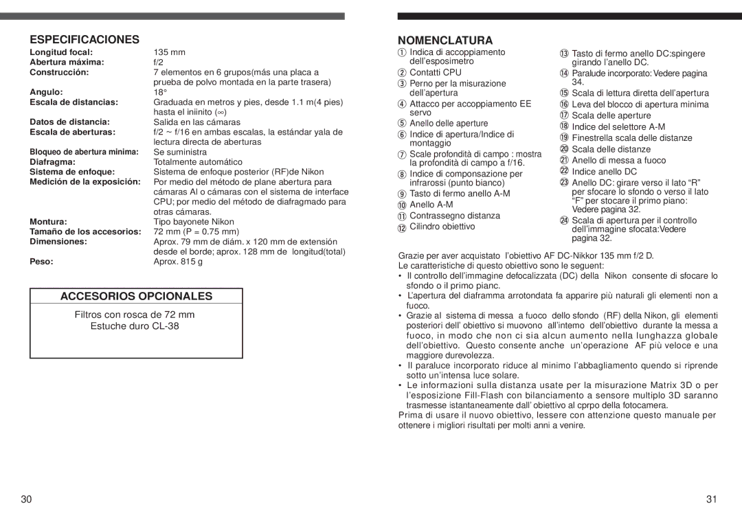 Nikon f/2 D instruction manual Especificaciones, Accesorios Opcionales 