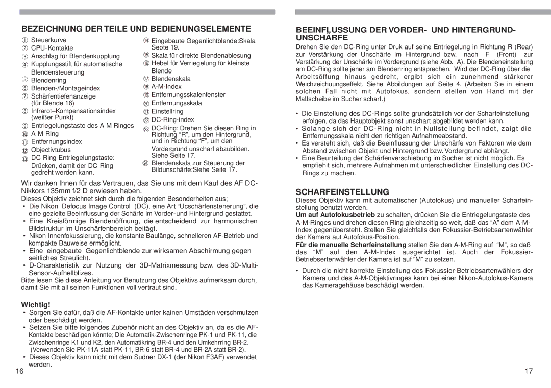 Nikon f/2 D Bezeichnung DER Teile UND Bedienungselemente, Scharfeinstellung, Beeinflussung DER VORDER- UND Hintergrund 