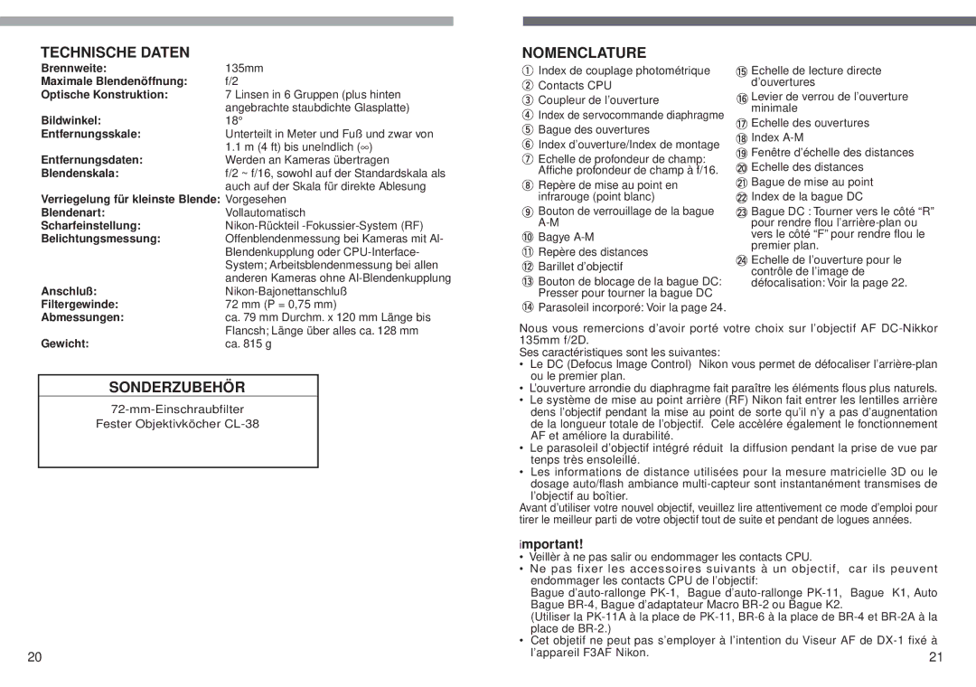 Nikon f/2 D instruction manual Technische Daten, Nomenclature, Sonderzubehör 