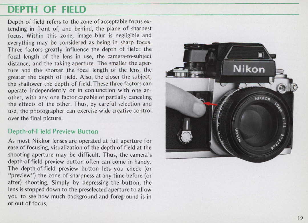 Nikon F25B manual Depth of Field, Depth-of-Field Preview Button 