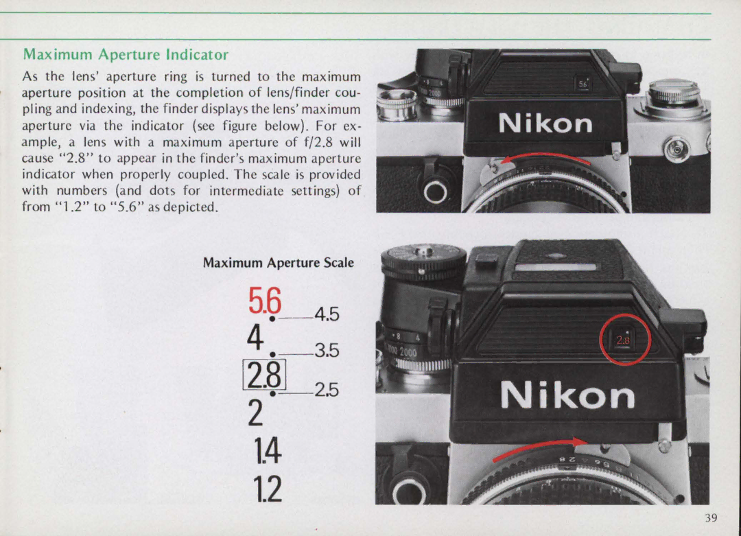 Nikon F25B manual 26-2.5, Maximum Aperture Indicator 